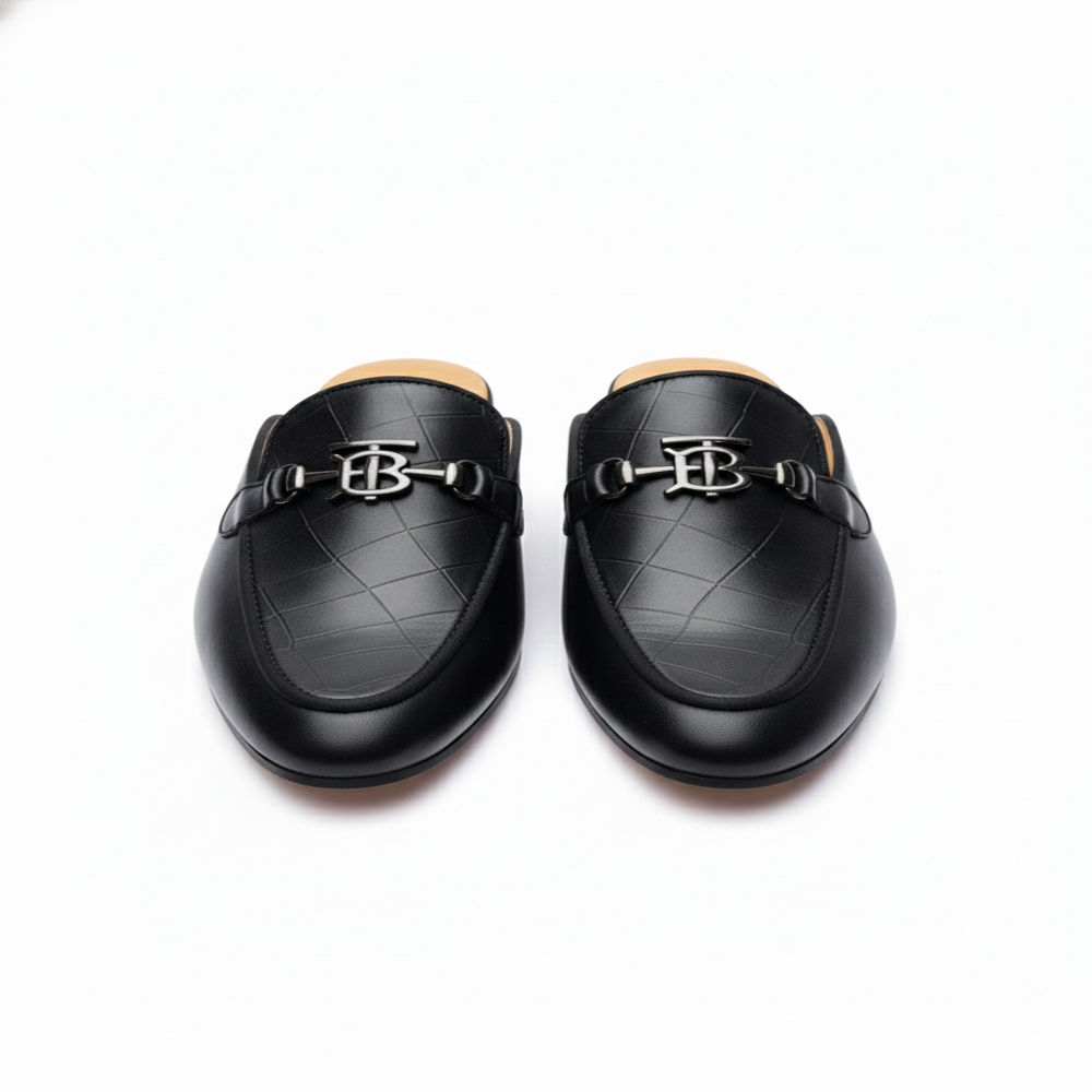 Black Leather Slip On Loafer with Metallic Buckle